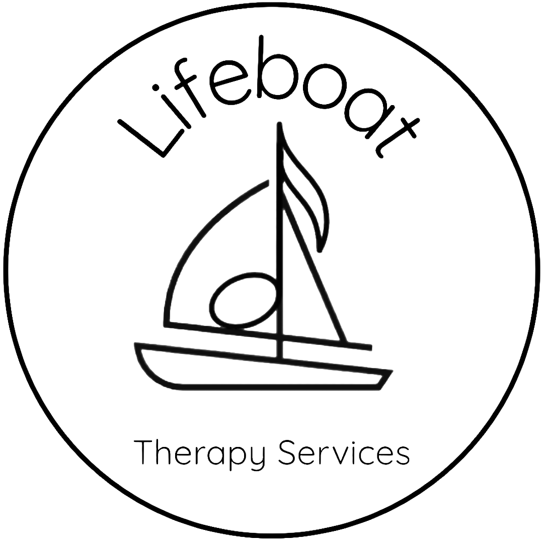A Circle Logo containing the words "Lifeboat Therapy Services" surrounding a sail boat with a musical eighth note running up the middle